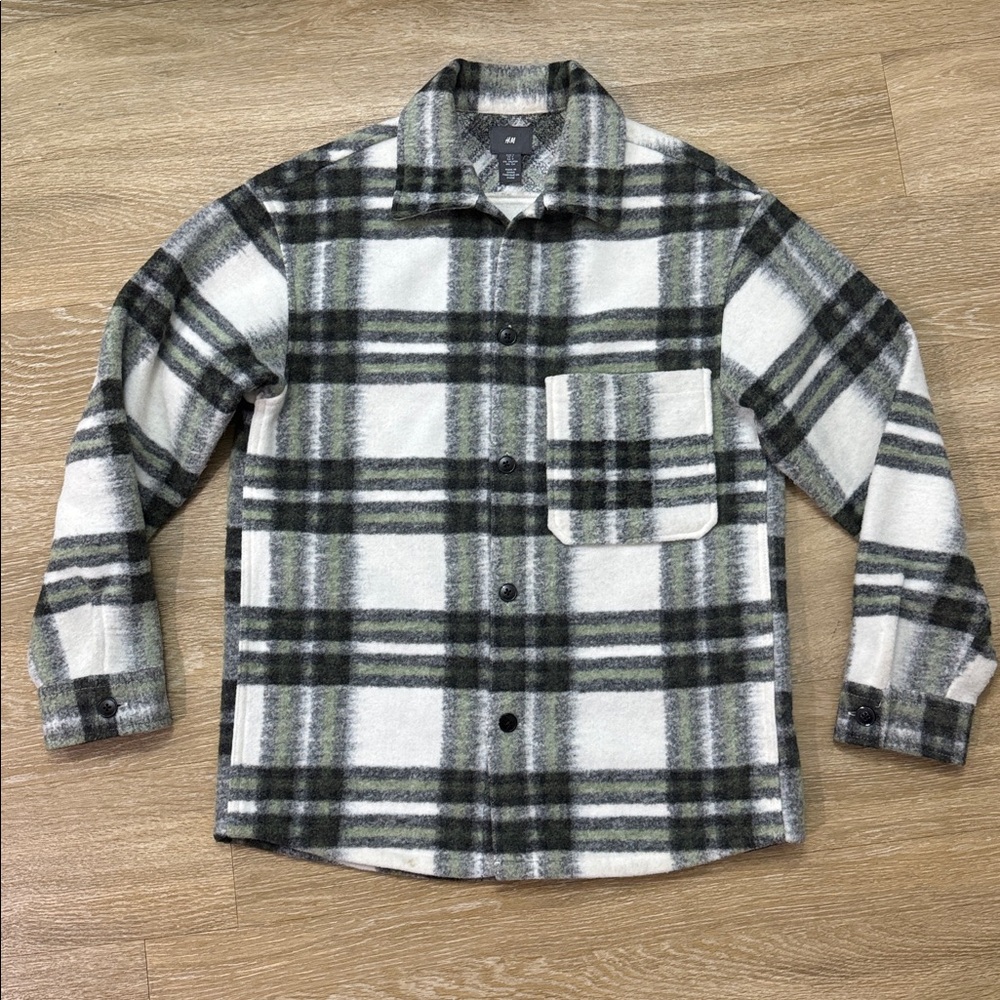 H&M Green White Gray Shacket Button Up Overshirt Jacket Size Small